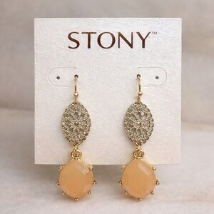 Stony Peach Drop Earrings Gold Filigree Dangle